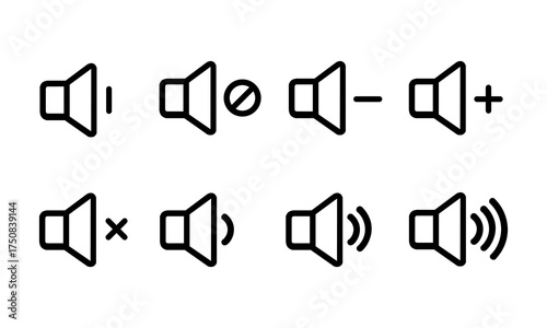 Speaker Icon vector illustration, Volume control sign, Audio icon, Media player buttons icon set isolated, mute symbol, Silent sign, Low volume, Maximum Volume symbol, No volume