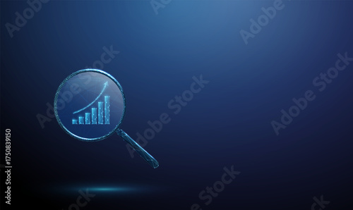 3d blue growing chart under a magnifying glass. Financial analysis, performance monitoring, investment tracking, data-driven decision making concept.
