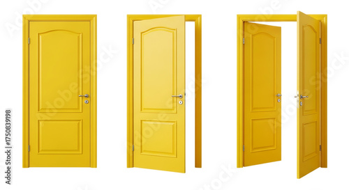 Three yellow doors in different states of opening showcasing interior design and architectural elements against a stark for creative projects