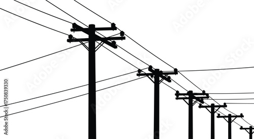 Utility poles with overhead power lines in perspective view, electricity transmission infrastructure, telecommunication wires, rural energy distribution, industrial engineering illustration