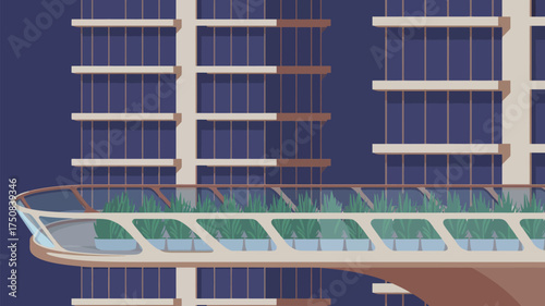 Illustration of a modern building with balconies filled with plants against a dark blue background