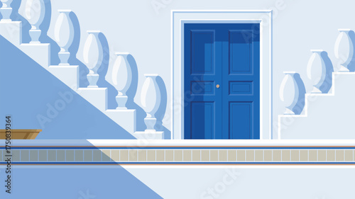 Blue door with white frame and stairs with decorative vases on a white wall in a minimalist style