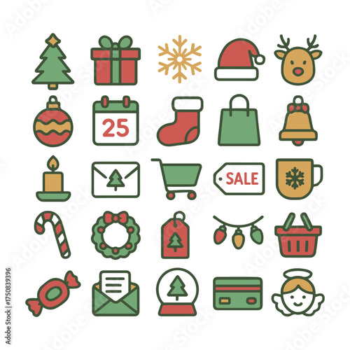 25 Minimal Christmas & Holiday Shopping Vector Icons | Flat Red-Green-Gold Christmas Icon Set