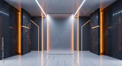 Futuristic minimalist hallway with orange LED geometry and white glossy tiles