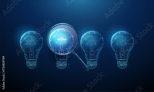 Group of dim light bulbs and one glowing bulb under magnifying glass. Idea discovery, hypothesis testing, critical thinking, experimental analysis concept.