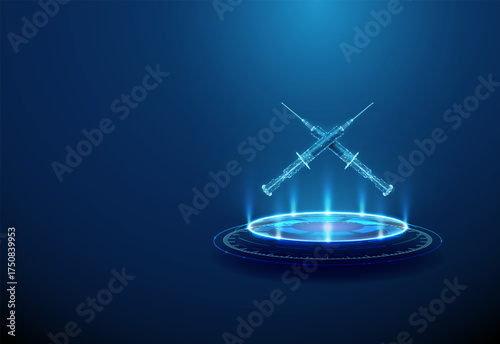 Two crossed syringes on futuristic podium. Vaccination, immunization, medical treatment, healthcare protection, pharmaceutical industry, biotechnology concept.