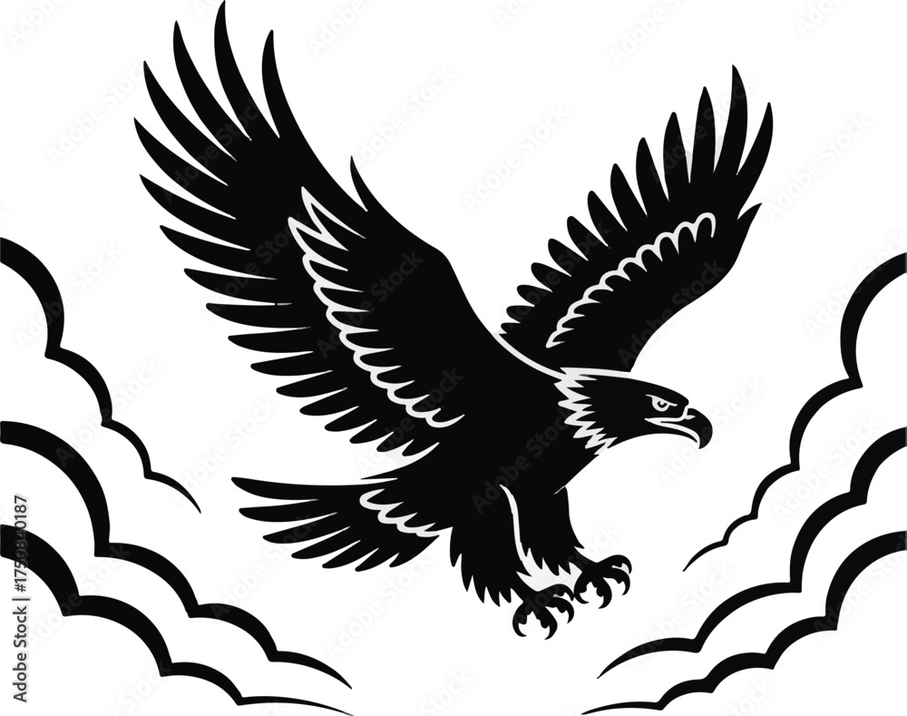 Obraz premium Hunter eagle aggressively diving down with outstretched talons, illustrated in vibrant color on a white background