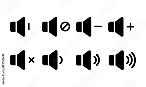 Speaker Icon vector illustration, Volume control sign, Audio icon, Media player buttons icon set isolated, mute symbol, Silent sign, Low volume, Maximum Volume symbol, No volume