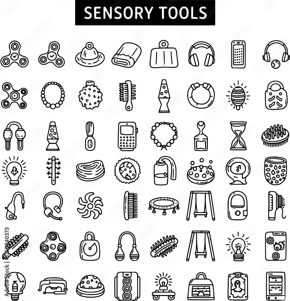 Fototapeta premium Sensory Tools Icon Set for Autism, ADHD, and Anxiety Relief - Fidget Toys, Therapy Aids, and Calming Objects Vector Illustration