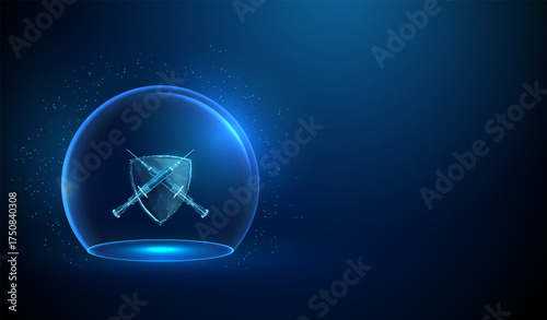 Two crossed syringes in front of a shield under a glass dome. Medical protection, insulin injection, healthcare safety, disease control concept.
