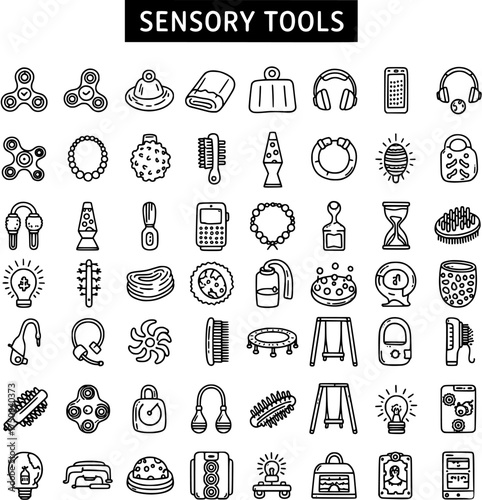 Sensory Tools Icon Set for Autism, ADHD, and Anxiety Relief - Fidget Toys, Therapy Aids, and Calming Objects Vector Illustration