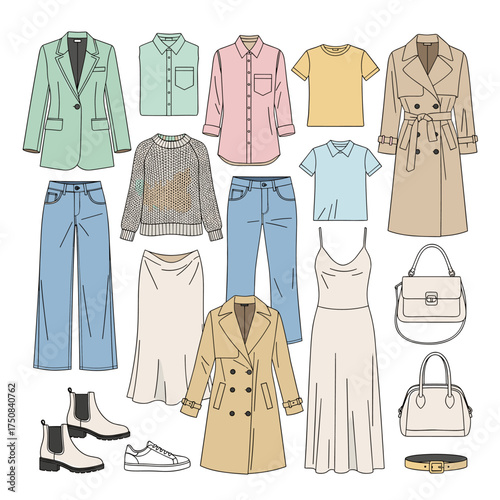 Modern Women's Capsule Wardrobe Illustration. Flat lay of fashion essentials: coats, shirts, jeans, dresses, shoes, bags.