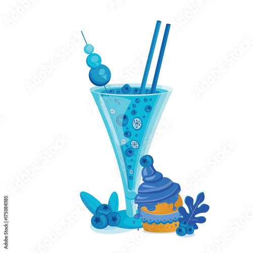 Blueberry cocktail, a summer refreshing drink. Blueberry-flavored cupcake. Summer vibe. Relaxation. Heat. Cartoon-style vector illustration.