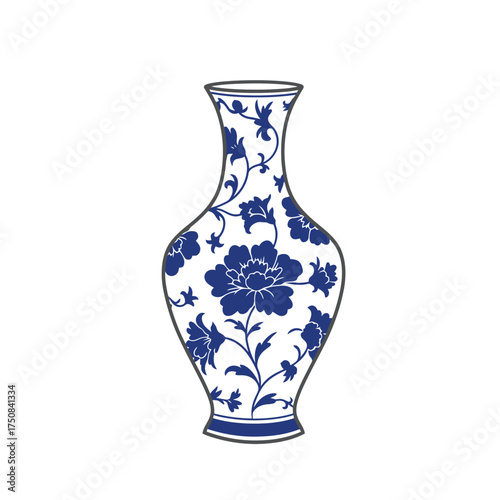 Porcelain vase with blue floral print in traditional style, vector illustration. Traditional home interior detail