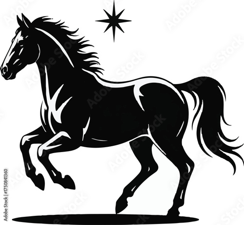 Majestic horse illustration depicted mid-run with flowing mane and tail, featuring a lively, colorful design