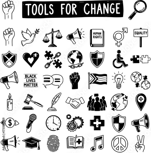 Collection of hand-drawn icons representing various tools and symbols for social change, human rights, justice, equality, and community activism, featuring themes of protest, education, and global