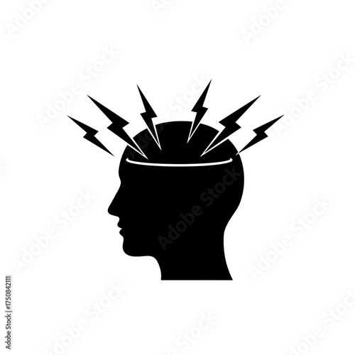 Silhouette of head with lightning bolts representing headache pain, black vector illustration. Treatment for migraine concept. Clinics and medicine for pain