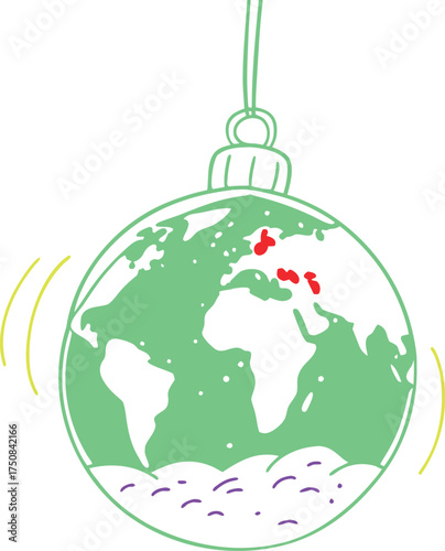 Green World Ornament: Hanging Globe Illustration For Holiday Decor And Christmas Theme