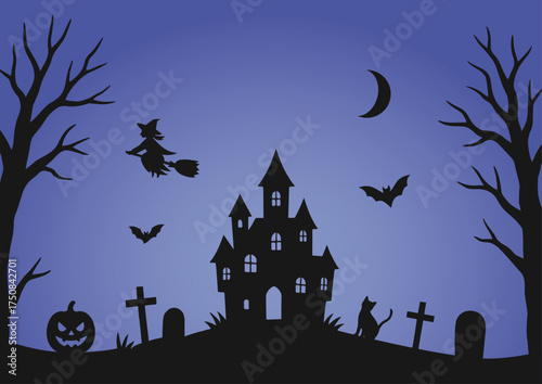 お化け屋敷と魔女のハロウィン背景_横