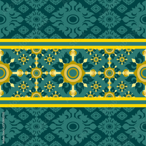 Elegant seamless traditional Thai pattern vector. Featuring intricate Kanok and floral motifs in teal, turquoise, and gold. Perfect for fabric, wallpaper, packaging, and cultural projects.