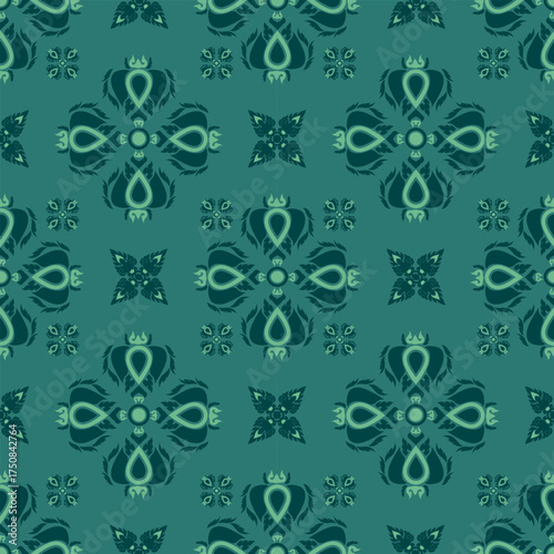 Elegant seamless traditional Thai pattern vector. Featuring intricate Kanok and floral motifs in teal, turquoise, and gold. Perfect for fabric, wallpaper, packaging, and cultural projects.