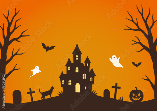 お化け屋敷とおばけのハロウィン背景_横