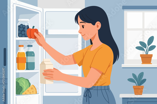 A young woman places groceries on shelves inside a refrigerator, illustrating home organization and kitchen chores.