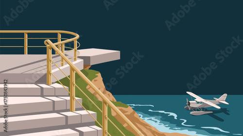 A seaplane on the water viewed from stairs leading down to a cliffside with a railing and dark sky