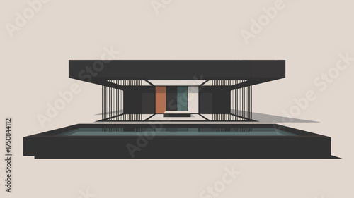 Abstract architectural structure with pool and colored panels under a dark rectangular frame design