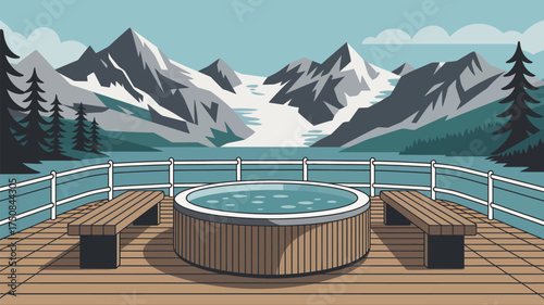 A hot tub on a wooden deck overlooking a lake and mountains with benches and railing in the foreground