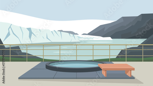 A scenic view of a hot tub overlooking a glacial landscape with mountains and a body of water behind it