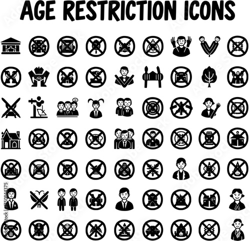 Age Restriction Icons Collection. Black and white vector symbols representing forbidden activities, places, and items, ideal for warnings and regulations.