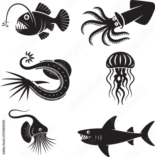 Deep sea creatures silhouettes set for design