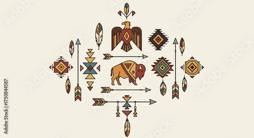 A stylized Native American design featuring an eagle, bison, arrows, and geometric patterns.