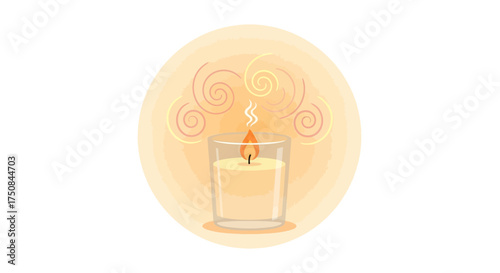 A lit candle in a glass holder emitting a gentle glow and swirling scents, evoking feelings of warmth, relaxation, and serenity