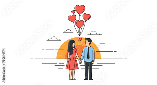 Romantic illustration of a couple holding hands, celebrating love, partnership, and connection with heart-shaped balloons floating above a serene sunset or sunrise backdrop