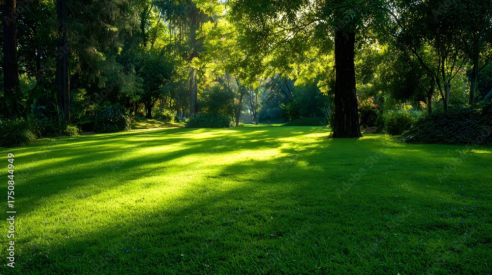 Obraz premium Lush green lawn receives dappled sunlight under shady trees.