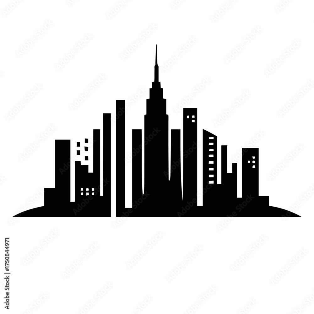 Naklejka premium Black and white vector silhouette of a city skyine on white background