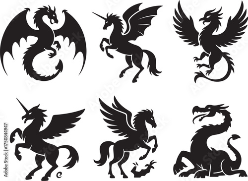 Majestic mythical creatures silhouettes set design