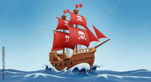 A cartoon pirate ship with red sails sailing on a blue ocean, under a clear sky.