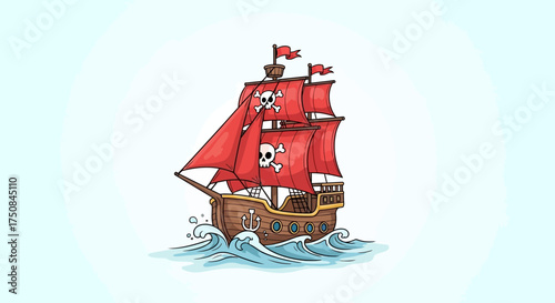 Cartoon pirate ship with red sails adorned with skull and crossbones, sailing on wavy blue water.