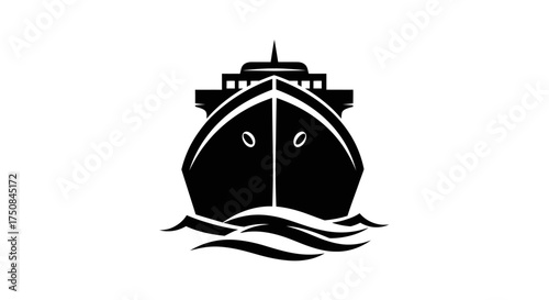 Monochromatic vector icon of a large cargo ship seen from the front, navigating through waves, symbolizing maritime transport and global logistics