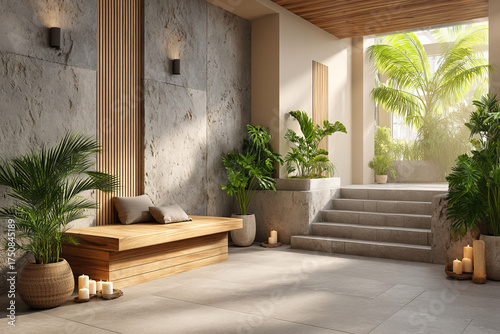 Calm interior of wellness center for relaxation and retreat. tranquil spa background with wood bench, lush green plant, and warm candle creating serene ambiance