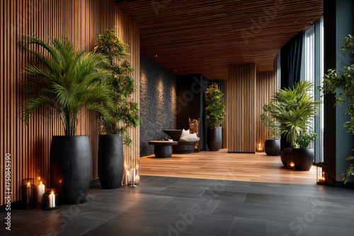 Serene interior of luxury wellness center with plants and candles creating relaxing spa mood. Modern design with tranquil and peaceful atmosphere for wellbeing