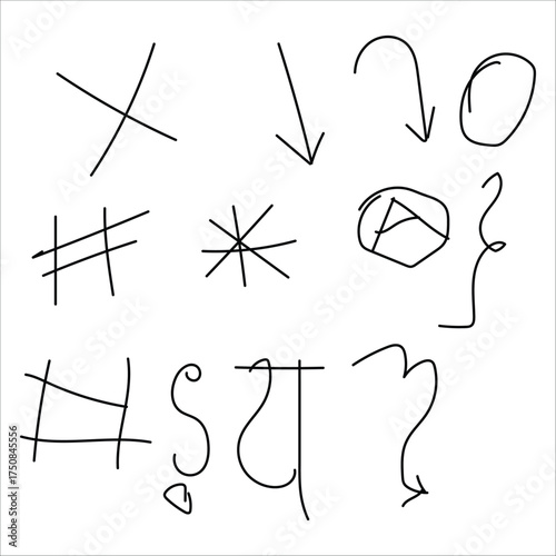 Hand drawn alphabet and numbers sketch set in vector style with business icons and symbols