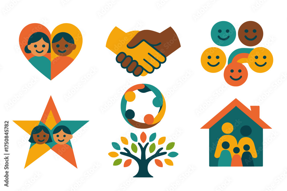 Fototapeta premium Children's Symbolic Icons. Symbolic World Children’s Day set of icons in geometric flat vector. Heart with children, clasped hands, unity circle, smiling faces, peace dove with