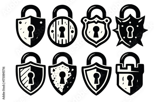 Medieval Shield Locks Icons. Medieval Shield Locks set of icons silhouette. Iron shield lock, round wooden shield lock, ornate brass shield lock, gothic spiked shield lock