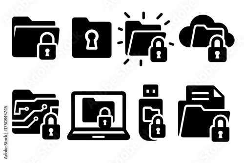 Bold Iconic Folder Locks. Digital Folder Locks set of icons silhouette. Computer folder with padlock icon, digital file folder with keyhole, glowing folder with lock, cloud folder