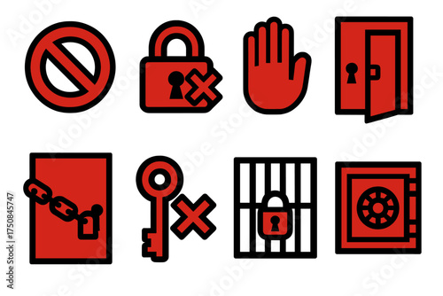 Bold Access Denied Icons. Classic Access Denied set of icons silhouette. Red circle with line, padlock with cross, hand stop sign, door with lock symbol, chain across door, key