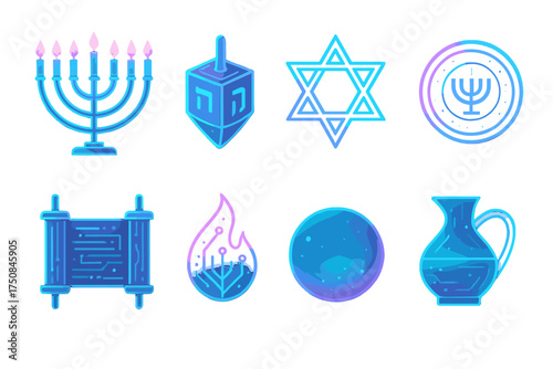 Futuristic Hanukkah Icons. Futuristic Hanukkah set of icons in geometric flat vector. Holographic menorah, neon glowing dreidel, cyber Star of David, digital gelt coin, AI Torah